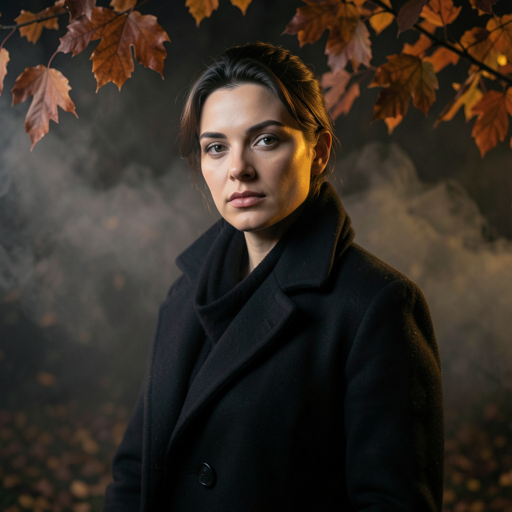 Preserve the uploaded identity and style the person for an elevated autumn-night portrait. Use a tailored dark coat, burnt-orange leaves, a touch of translucent fog, and soft amber light against graphite shadows. Keep the feeling…