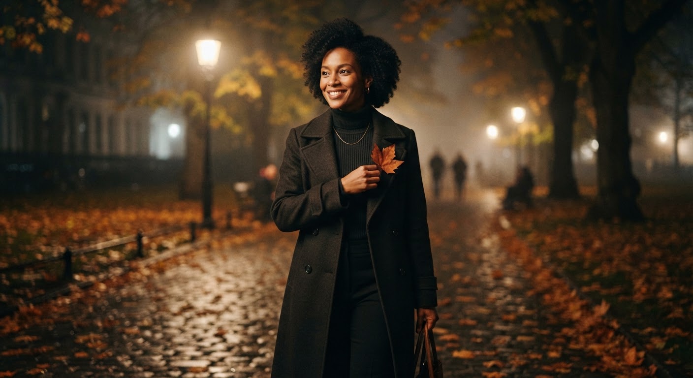 Preserve the uploaded identity and style the person for an elevated autumn-night portrait. Use a tailored dark coat, burnt-orange leaves, a touch of translucent fog, and soft amber light against graphite shadows. Keep the feeling…