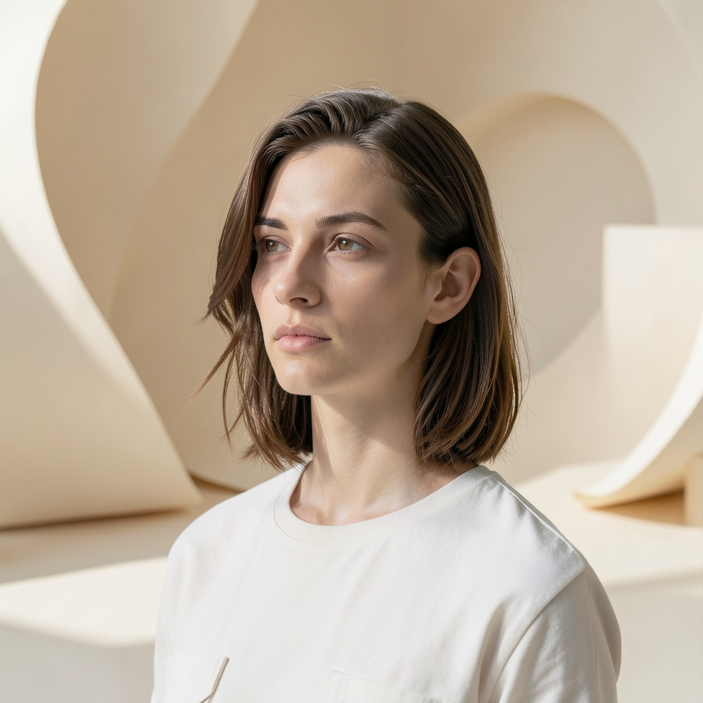 Leave the person in the uploaded image completely unchanged and replace only the setting with a sculptural studio of warm off-white paper curves. Match the original light direction, add gentle floor shadows and clean separation around the…