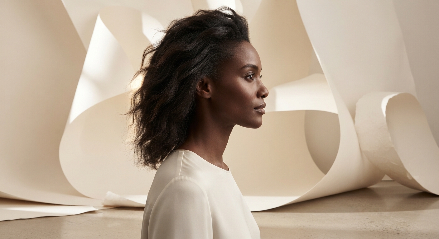 Leave the person in the uploaded image completely unchanged and replace only the setting with a sculptural studio of warm off-white paper curves. Match the original light direction, add gentle floor shadows and clean separation around the…