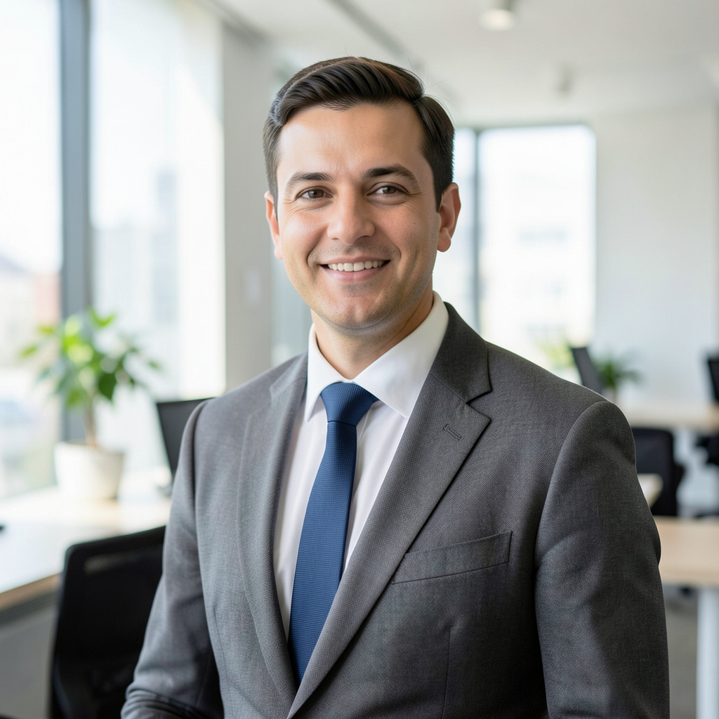 Keep the uploaded face, expression, and pose unchanged, then elevate the image into a modern founder portrait. Replace the wardrobe with a relaxed tailored suit in warm gray, set it in a bright architectural workspace, and use soft daylight…