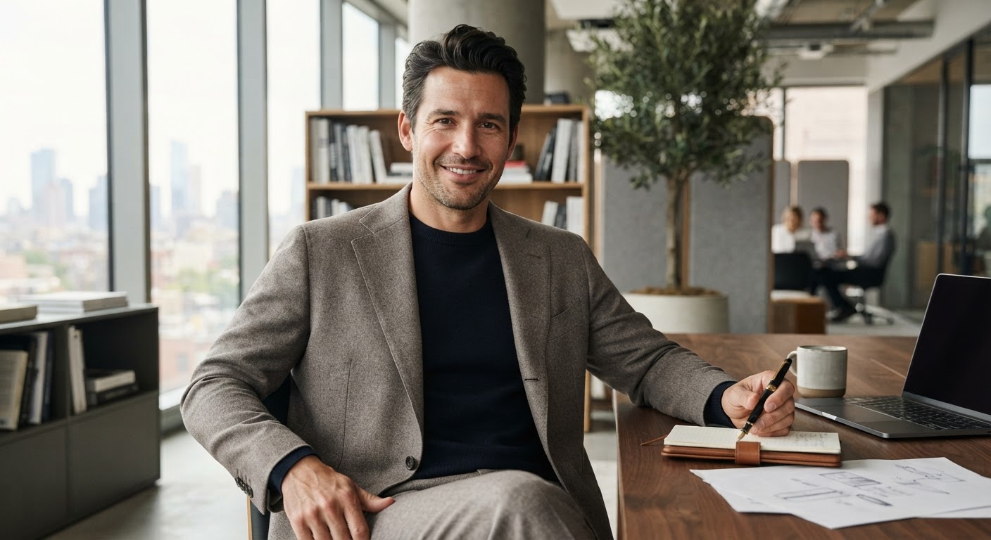 Keep the uploaded face, expression, and pose unchanged, then elevate the image into a modern founder portrait. Replace the wardrobe with a relaxed tailored suit in warm gray, set it in a bright architectural workspace, and use soft daylight…