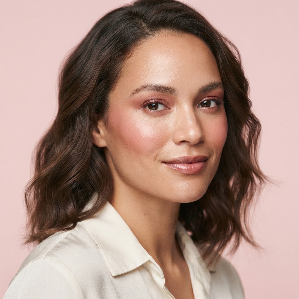 Reimagine the uploaded portrait as a luminous beauty editorial while preserving the person's exact identity. Frame a three-quarter close-up with sheer rose makeup, softly feathered brows, glass-skin highlights that still show pores, and a…