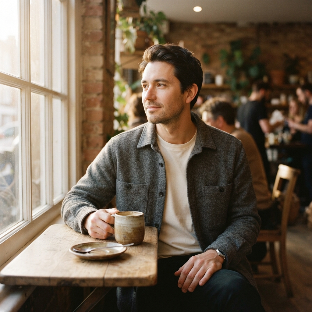 Restyle the uploaded image into an intimate cafe portrait without altering the subject's face. Seat him at a small window table with a stoneware cup, a textured overshirt, and low golden morning light cutting across the frame. Use a calm…