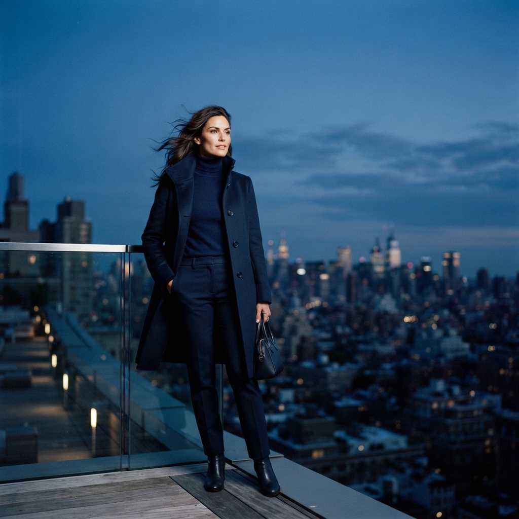 Create a polished rooftop fashion image from the uploaded photo while retaining the same identity. Give the subject a tonal navy outfit, a windswept collar, and a distant city skyline dissolving into indigo dusk. Use a low, slightly wide…