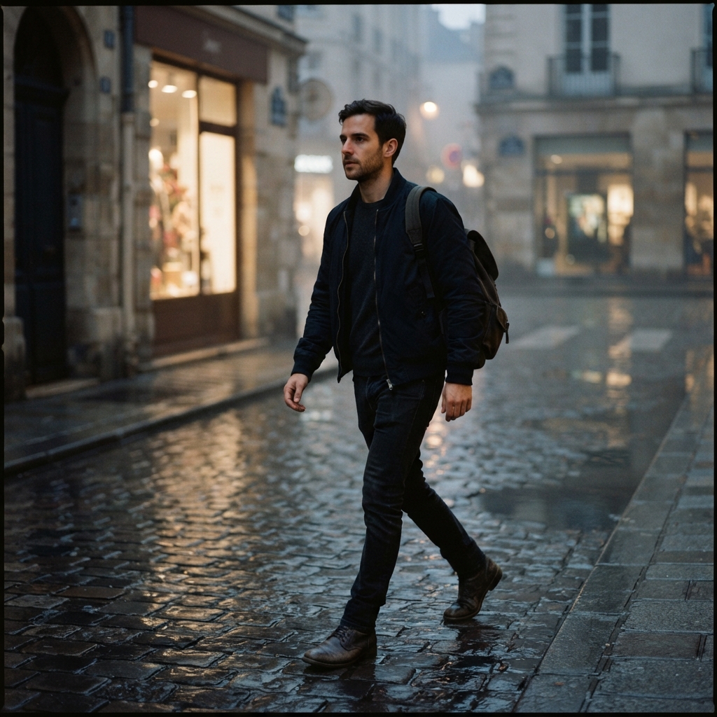 Preserve the uploaded subject exactly and place him on a rain-washed side street after sunset. Add a dark bomber jacket, puddles reflecting muted storefront colors, a light mist, and a candid mid-step pose. Keep the face naturally lit, use…