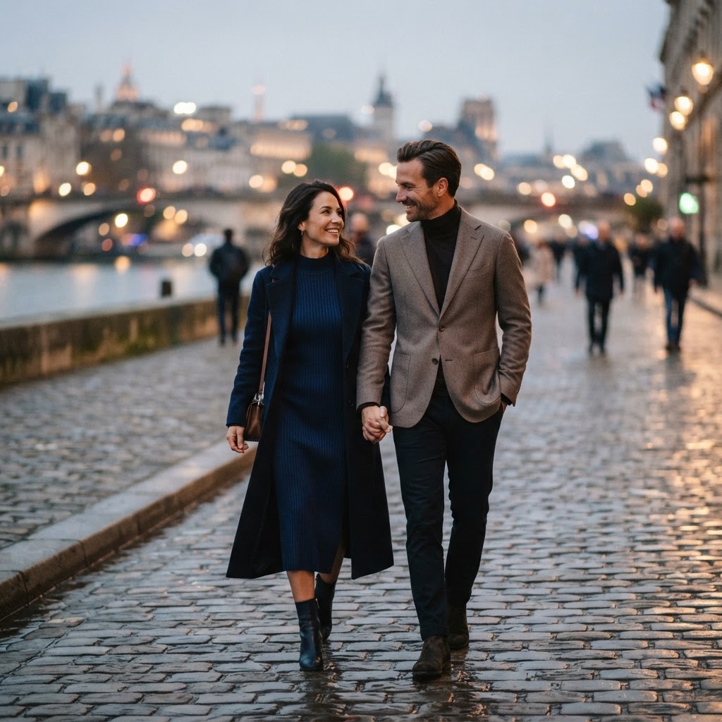 Keep both people in the uploaded couple photo fully recognizable and distinct. Recast the scene as a stylish evening walk beneath distant city lights: complementary taupe and navy outfits, a soft reflected glow on their faces, and a relaxed…