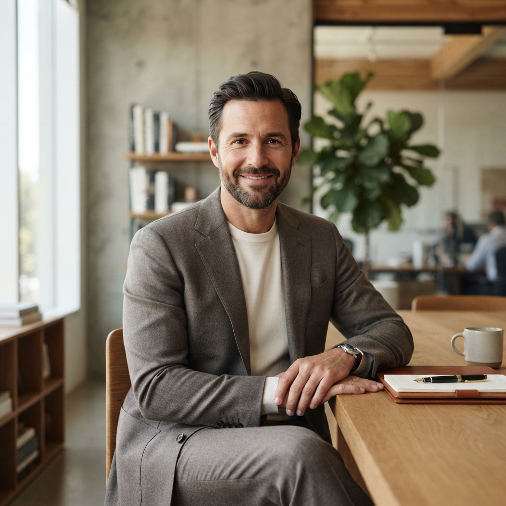 Keep the uploaded face, expression, and pose unchanged, then elevate the image into a modern founder portrait. Replace the wardrobe with a relaxed tailored suit in warm gray, set it in a bright architectural workspace, and use soft daylight…