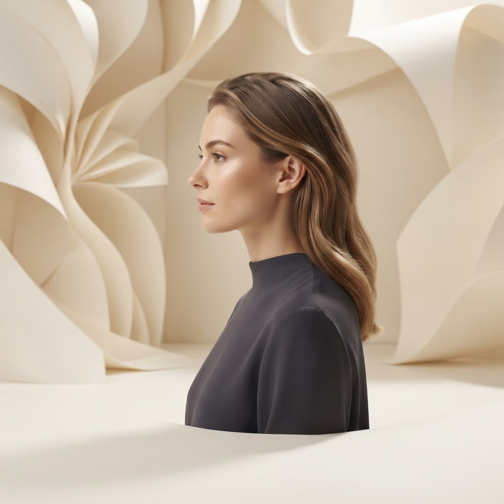 Leave the person in the uploaded image completely unchanged and replace only the setting with a sculptural studio of warm off-white paper curves. Match the original light direction, add gentle floor shadows and clean separation around the…