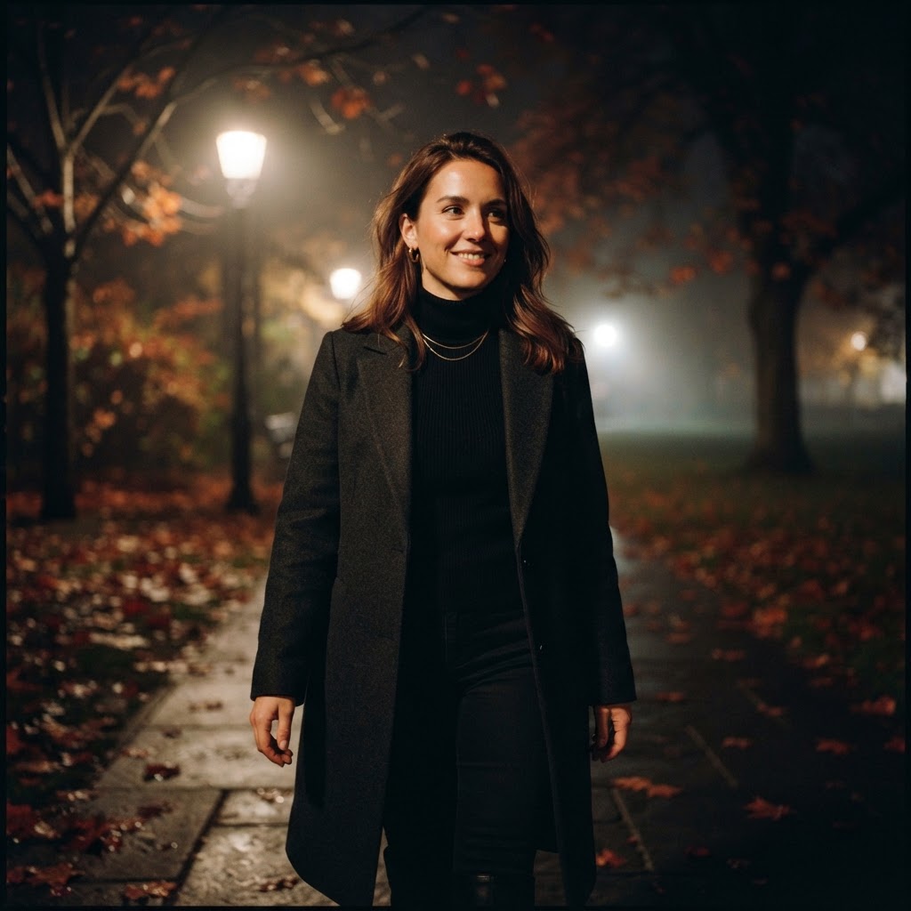 Preserve the uploaded identity and style the person for an elevated autumn-night portrait. Use a tailored dark coat, burnt-orange leaves, a touch of translucent fog, and soft amber light against graphite shadows. Keep the feeling…