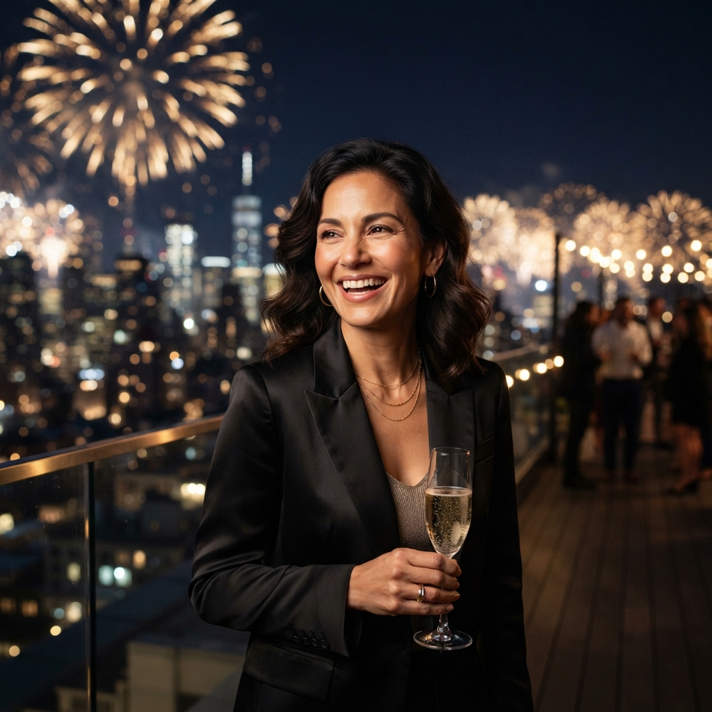 Keep the uploaded person's face and expression intact, then create a glamorous New Year's rooftop portrait. Dress the subject in subtle evening tailoring, set gold fireworks as distant bokeh beyond the skyline, and use deep navy shadows…