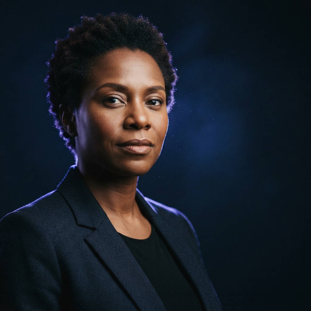 Keep the uploaded identity precisely intact and create a commanding electric-halo portrait. Shoot from a slightly low angle with a deep midnight background, a narrow violet-blue rim light around the shoulders, light atmospheric haze, and…