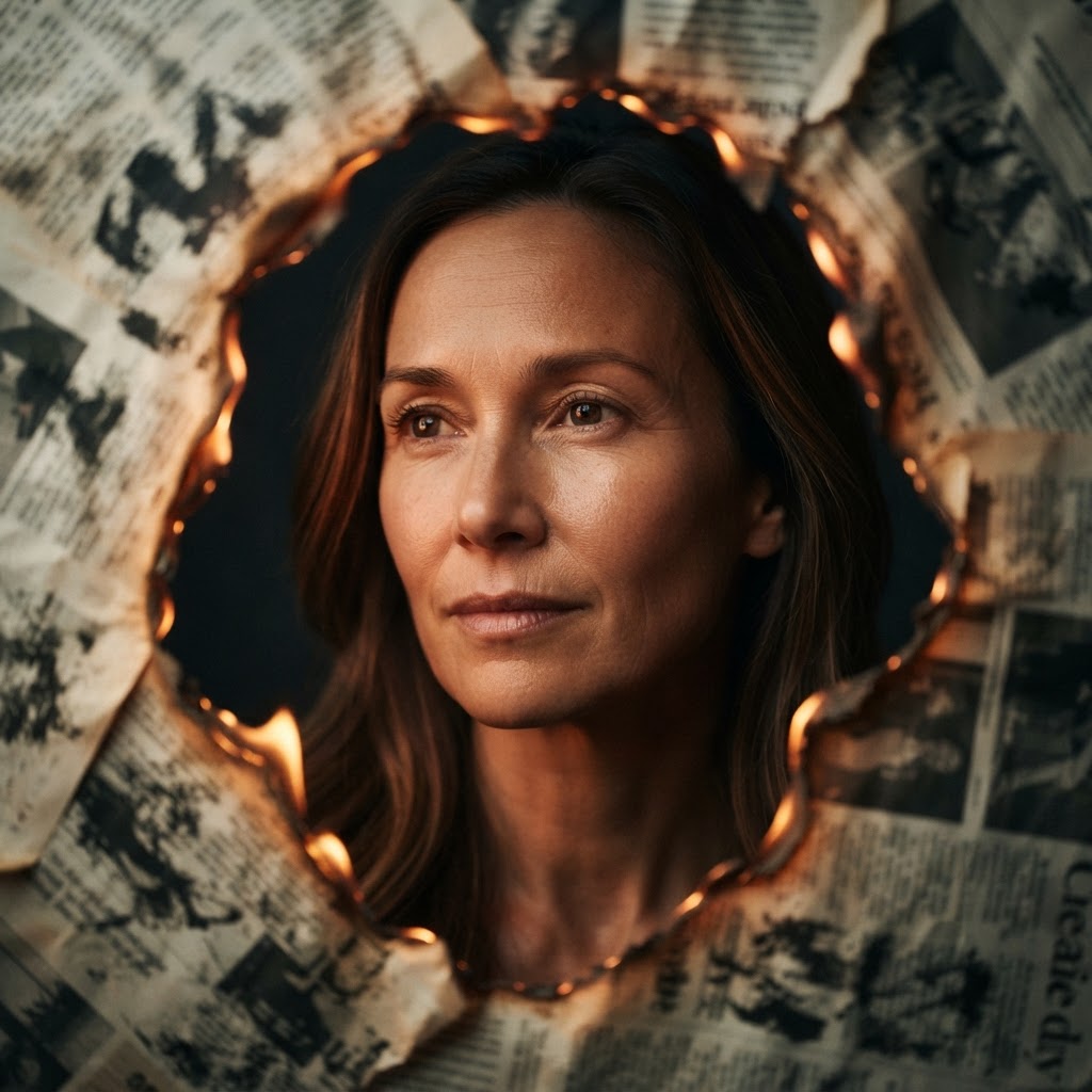Use the uploaded face unchanged in a cinematic editorial portrait framed by an abstract vintage newsprint collage. Let only the paper edges glow like embers, with warm reflected light on the subject and a dark velvety background. Keep all…