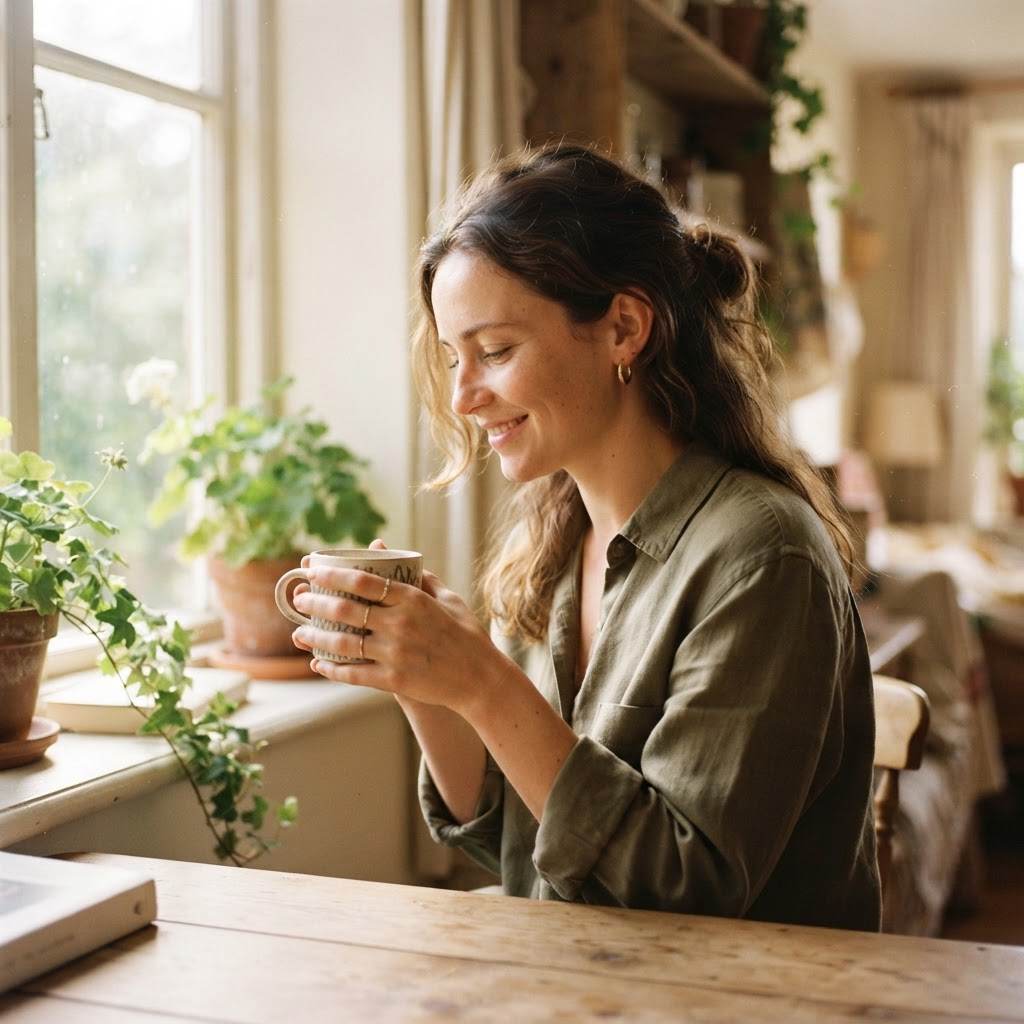 Recast the uploaded photo as an intimate 35mm summer film frame while keeping the face unchanged. Use soft window sunlight, restrained amber grain, gentle highlight bloom, washed olive and cream tones, and a quietly candid pose. Preserve…