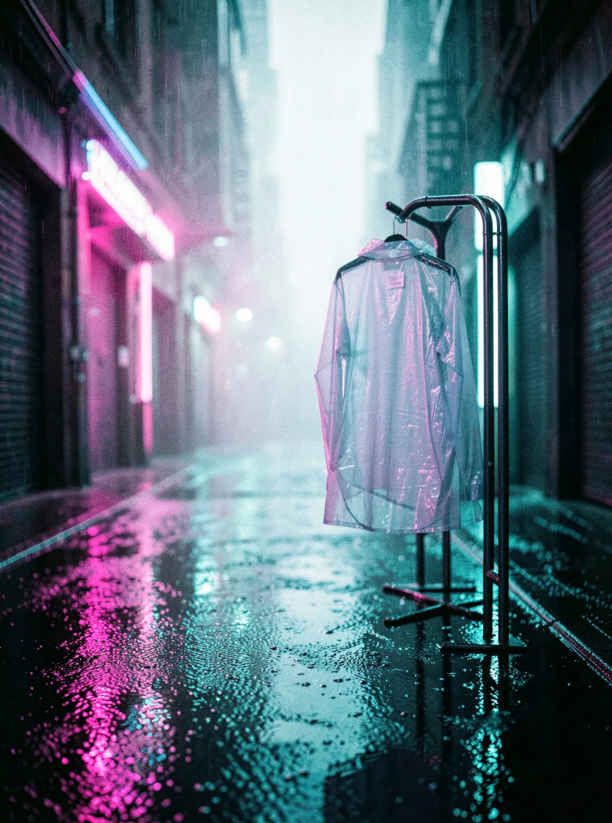 Empty magenta and cyan neon-rain street mood image used as the style reference