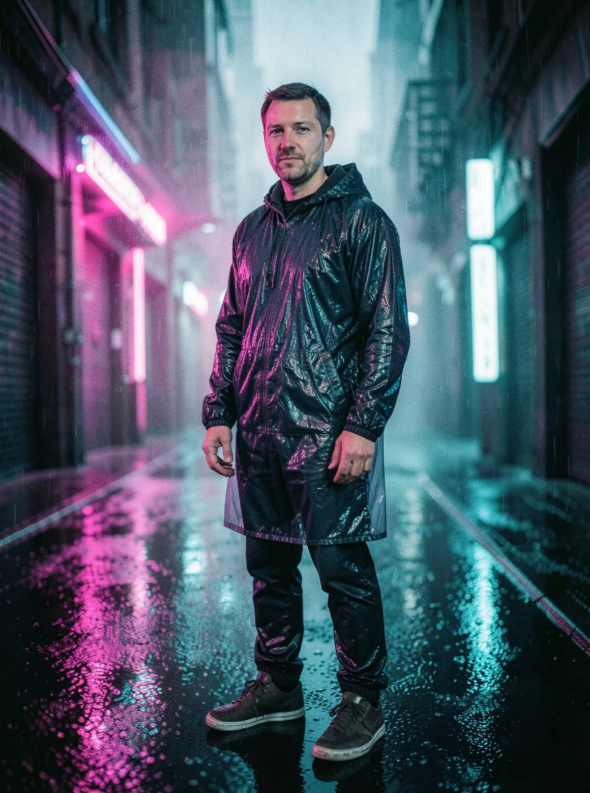 Photorealistic neon-rain street portrait created from an everyday photo and a style reference