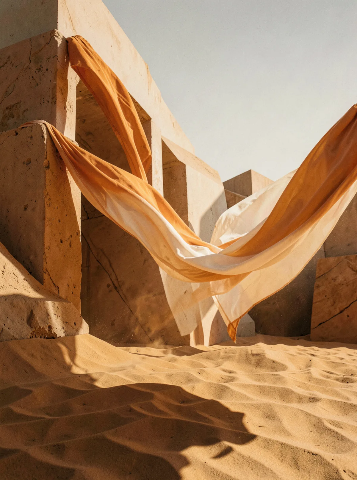 Empty sunlit desert fabric and architecture mood image used as the style reference