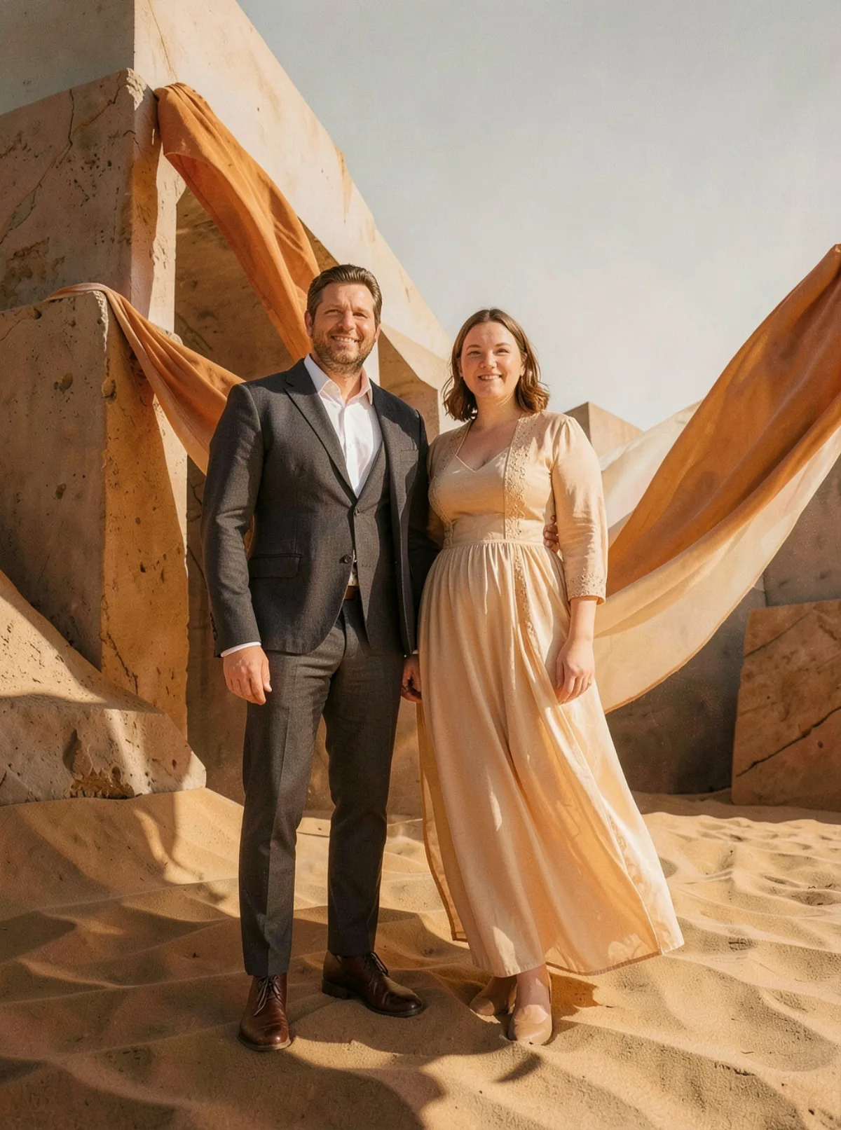Photorealistic desert couple portrait created from an everyday photo and a style reference