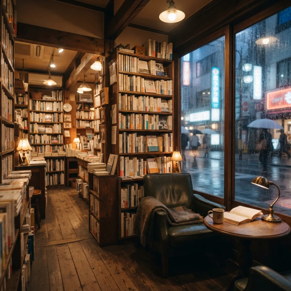 Warm independent bookshop interior beside a rainy Tokyo street at night