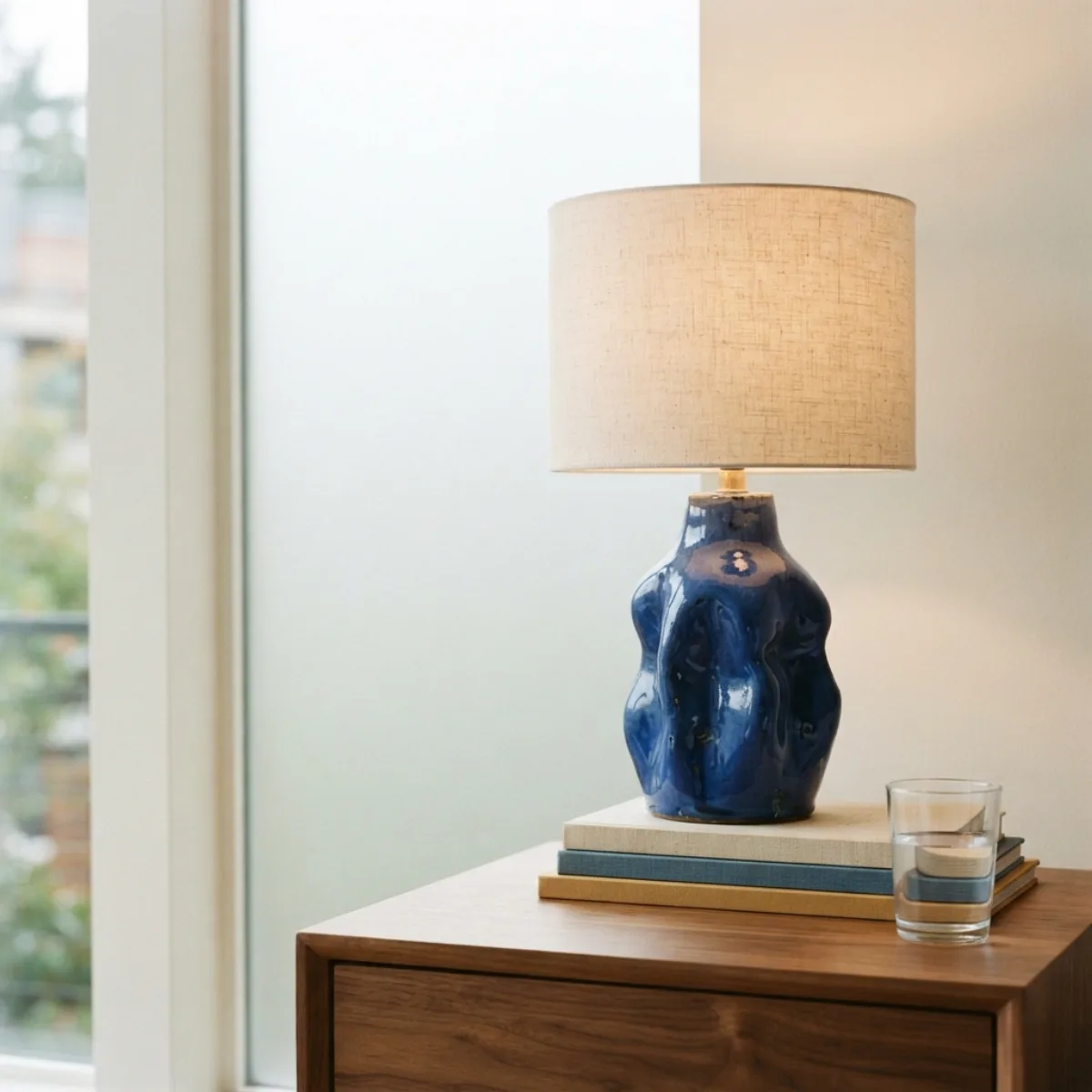Cobalt-blue ceramic lamp on a walnut side table beside a frosted window