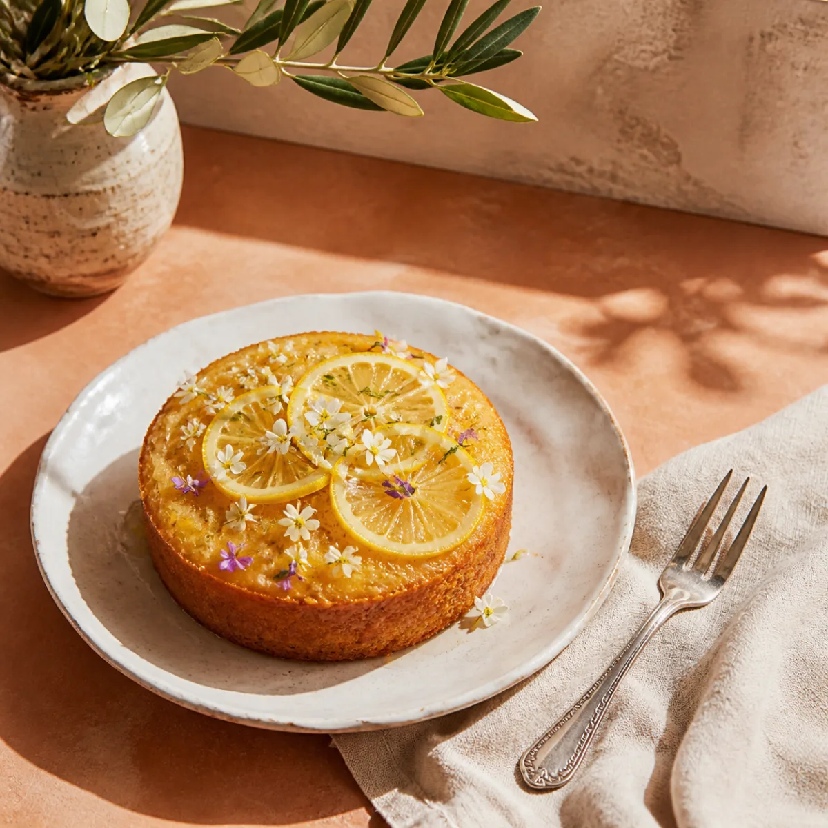 Lemon olive-oil cake on white ceramic in a sunlit terracotta kitchen