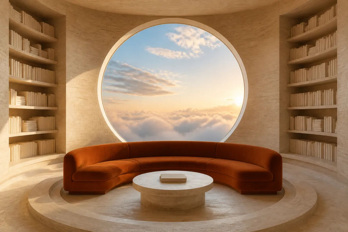 Circular travertine reading room with an orange sofa and a round window
